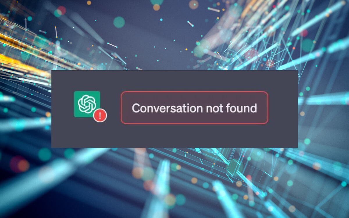 A dark gray banner displays "Conversation not found" in a red box, accompanied by a small green logo and a red exclamation point
